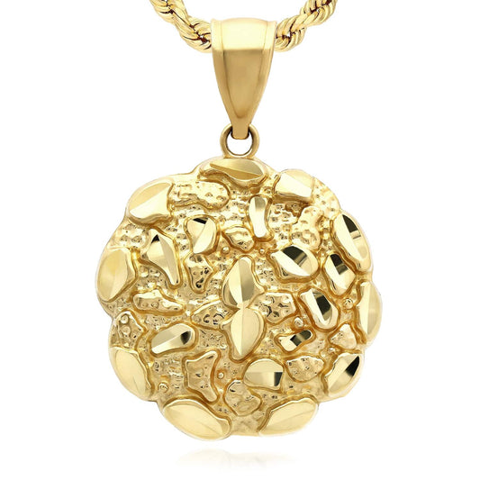 10K Yellow Gold Round Nugget Pendant 1.1"