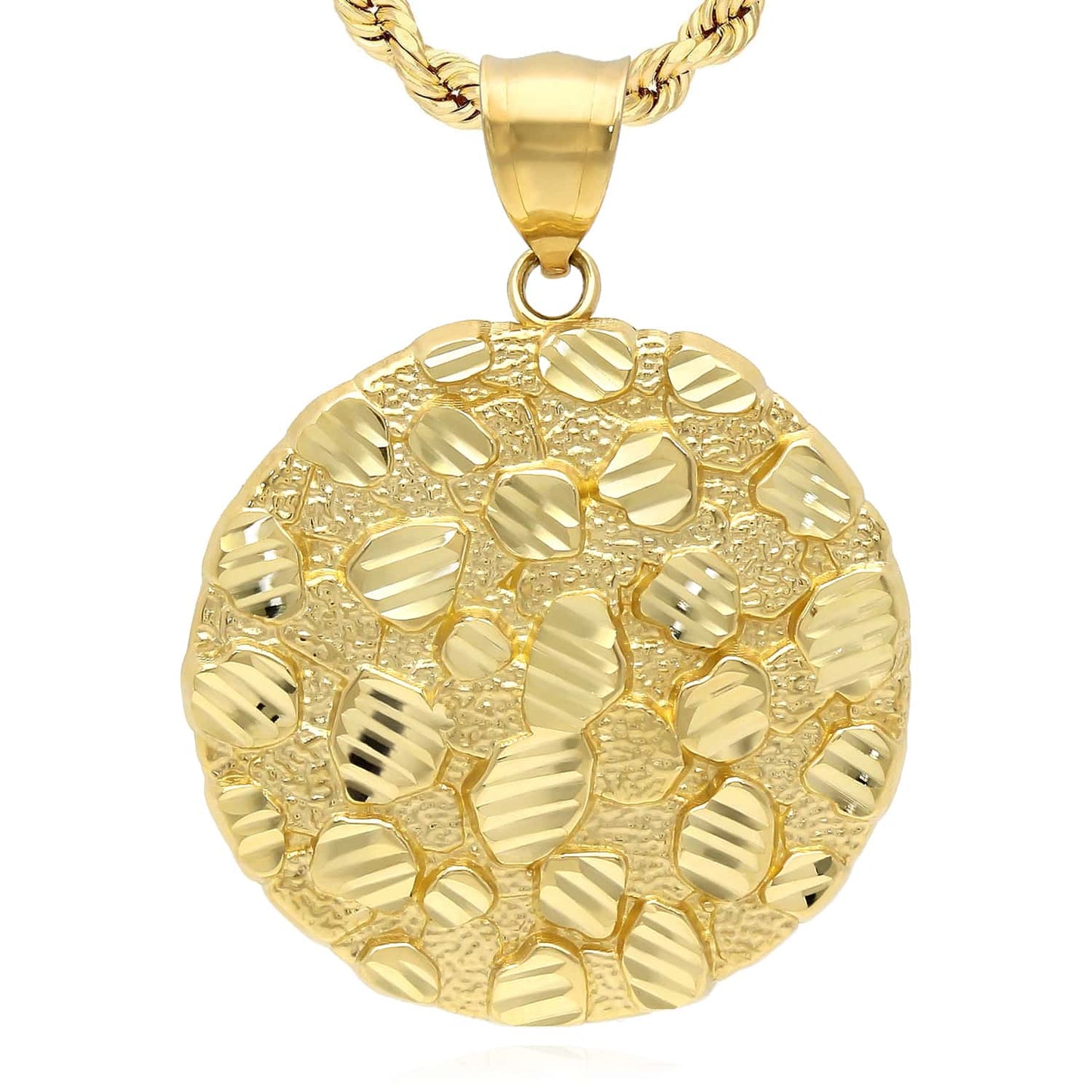 10K Yellow Gold Diamond-Cut Round Nugget Pendant 1.6"