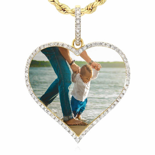 0.26CTW Natural Diamond 10K Yellow Gold Heart Picture Memory Pendant 1.3"