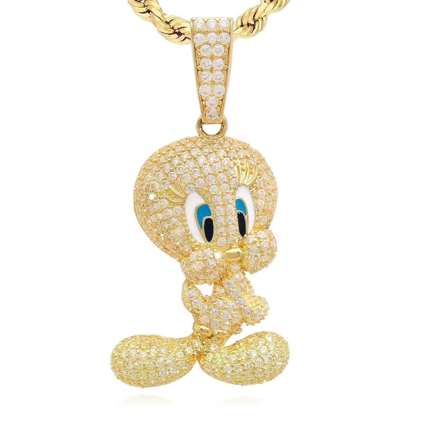 14K Yellow Gold CZ Pave Blue Eyes Tweety Bird Charm Pendant 1.5"