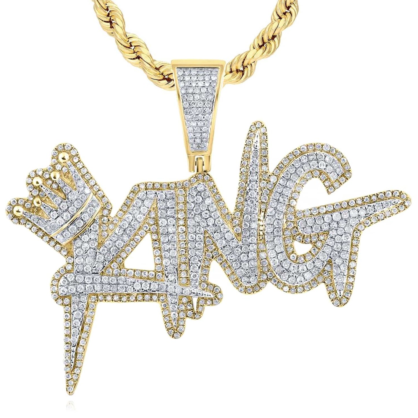2.60CTW Real Diamond 10K Yellow Gold Crown KING Pendant 1.9"