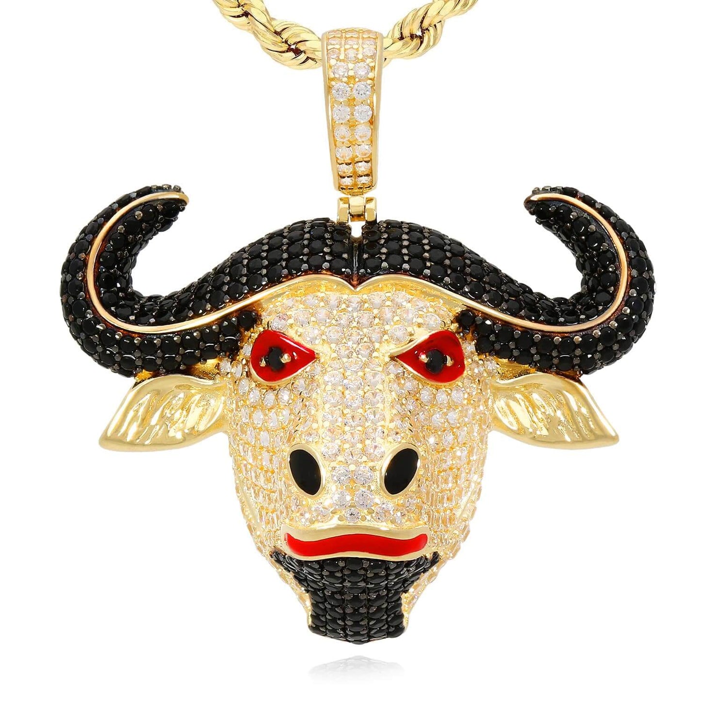 14K Yellow Gold CZ Red Eyes Bull Buffalo Pendant 1.6"