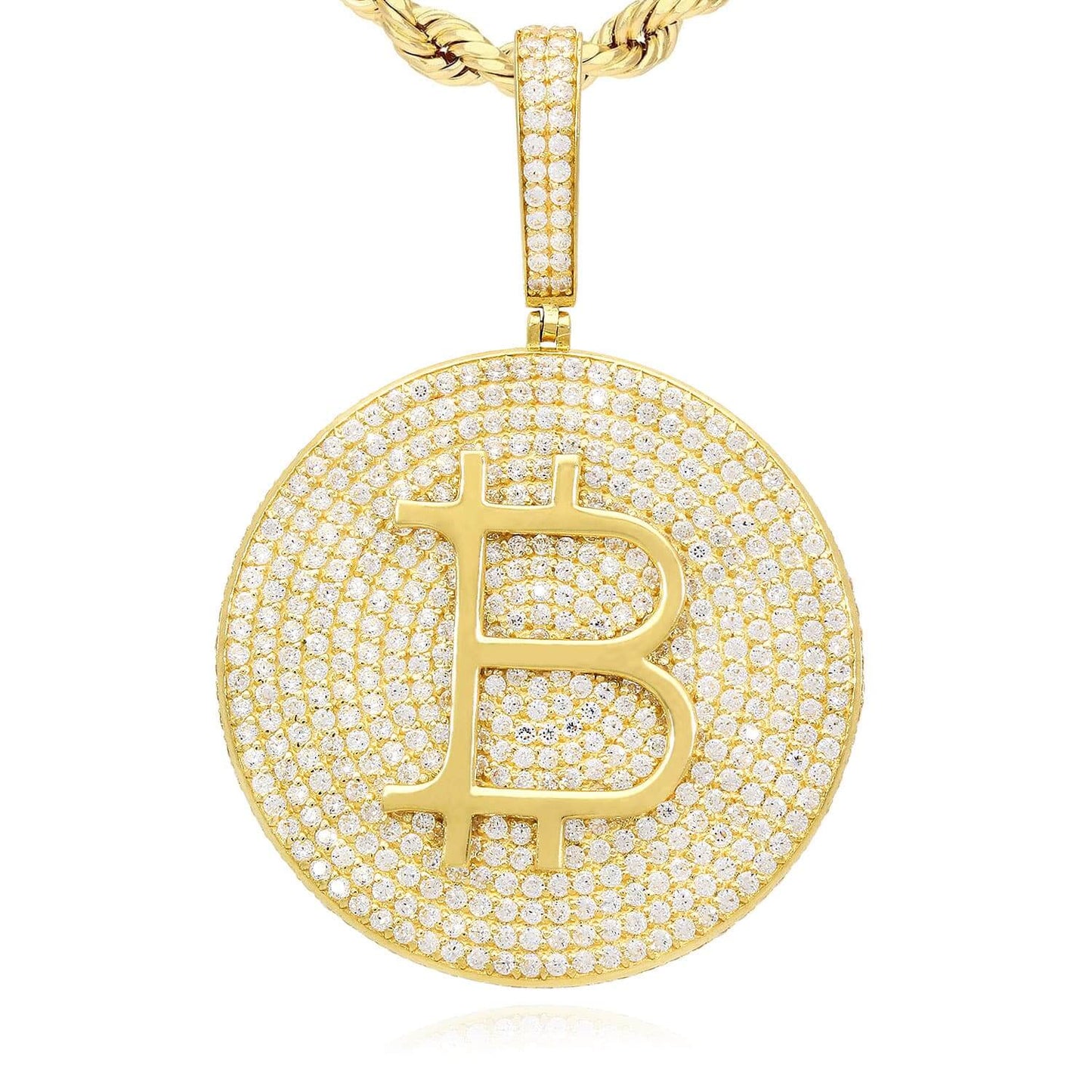 14K Yellow Gold CZ Pave Iced Bitcoin Pendant 2.2"