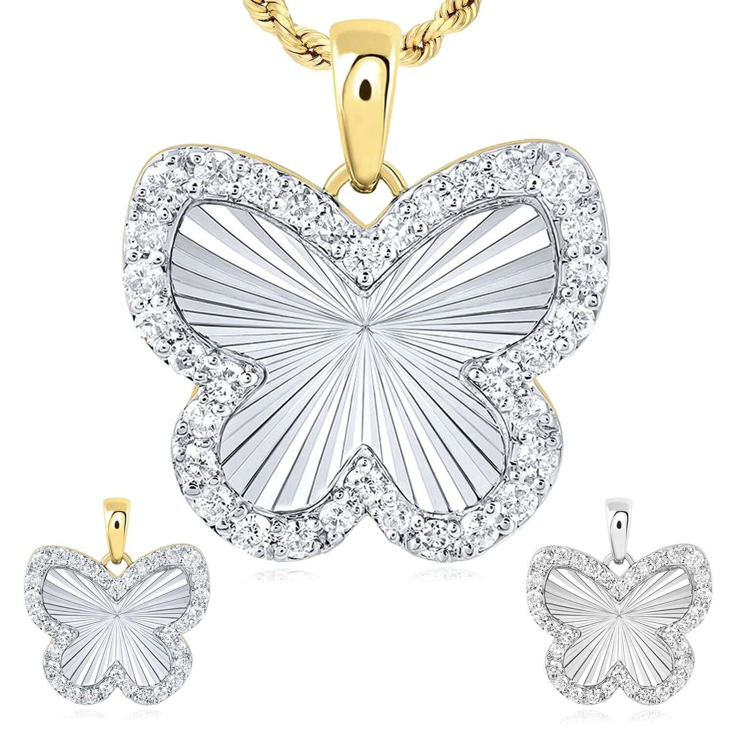 0.25CTW Real Diamond 10K Real Gold Yellow, White Butterfly Pendant 0.6"