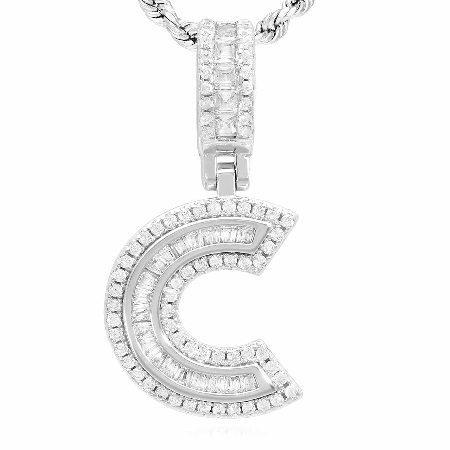 18K White Gold Over Silver CZ Initial Letter Charm Pendant 1.2"