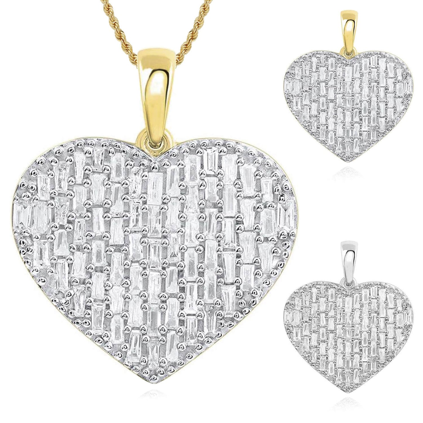 Real Diamond 10K Gold Yellow White Baguette Heart Pendant 0.95"