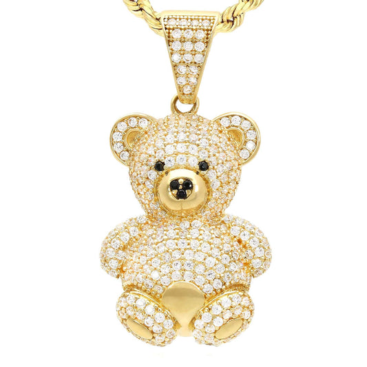 14K Yellow Gold CZ Pave Puffed Teddy Bear Pendant 1.3"-1.5"