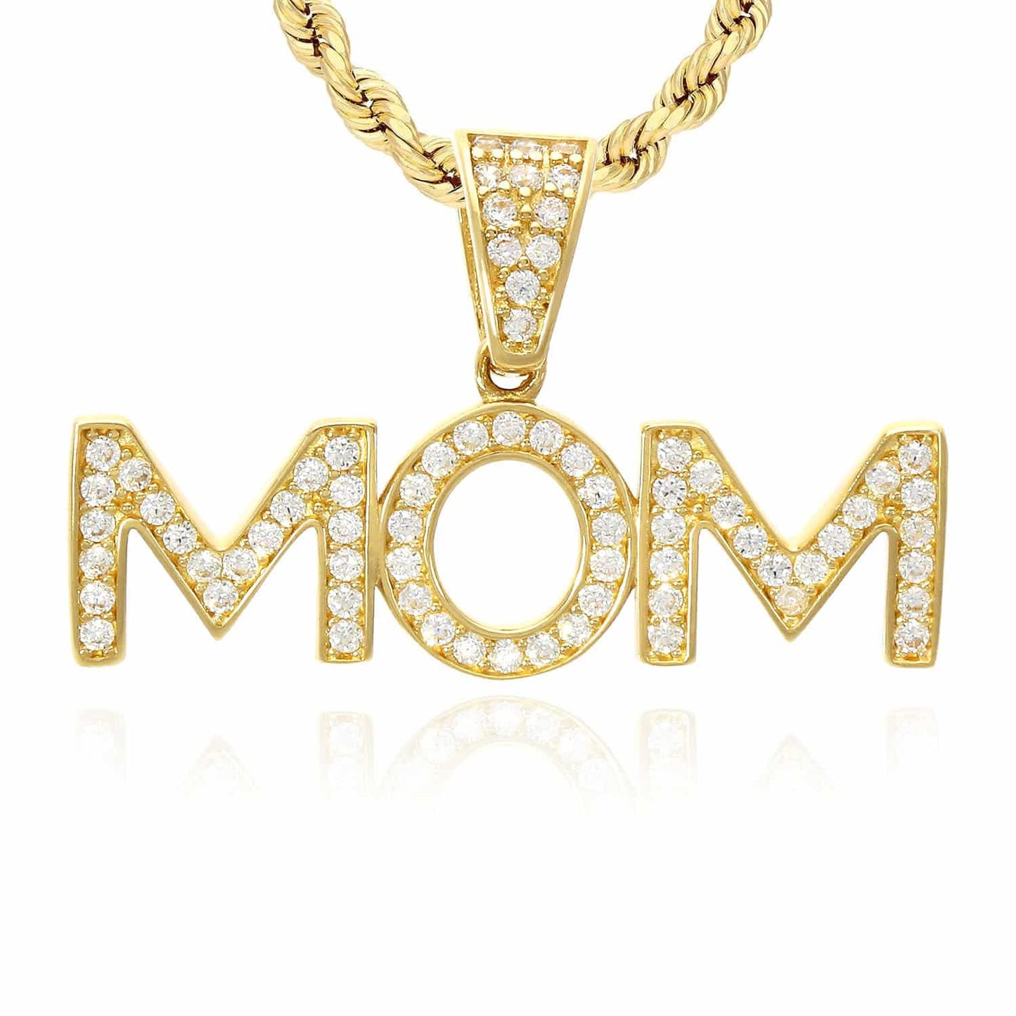 14K Yellow Gold CZ MOM Mother's Charm Pendant 0.7"