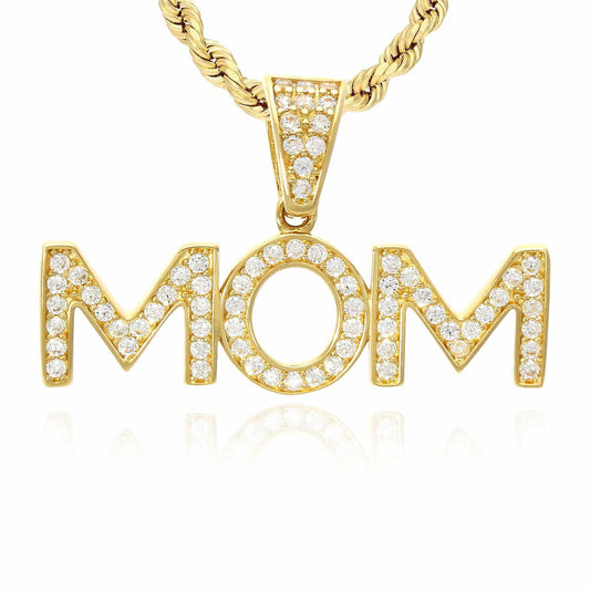 14K Yellow Gold CZ MOM Mother's Pendant 0.7"