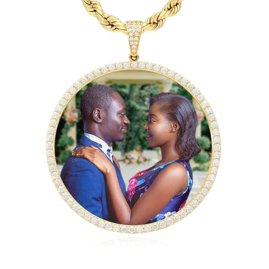 14K Yellow Gold CZ Round Memory Picture Pendant 1.2"-2"