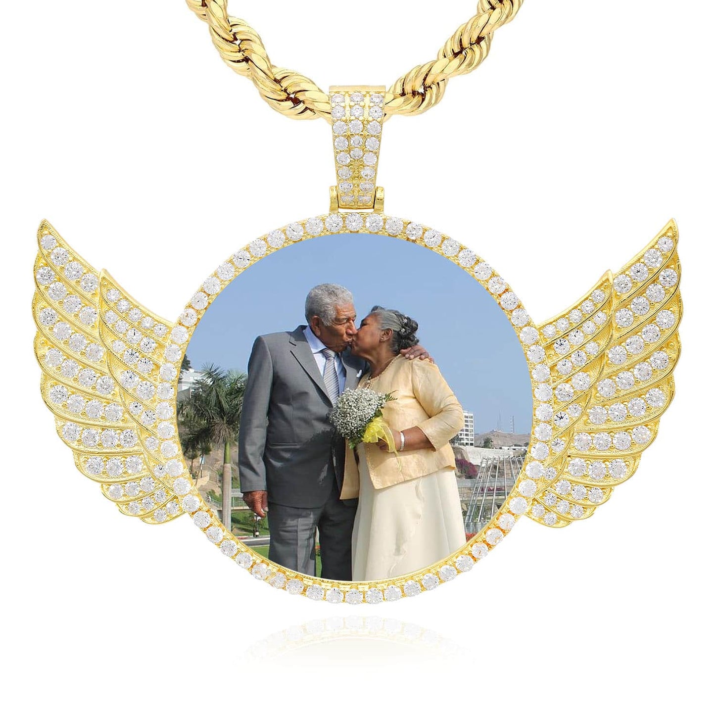 18k Yellow Gold Over Silver CZ Angel Wings Picture Memory Pendant