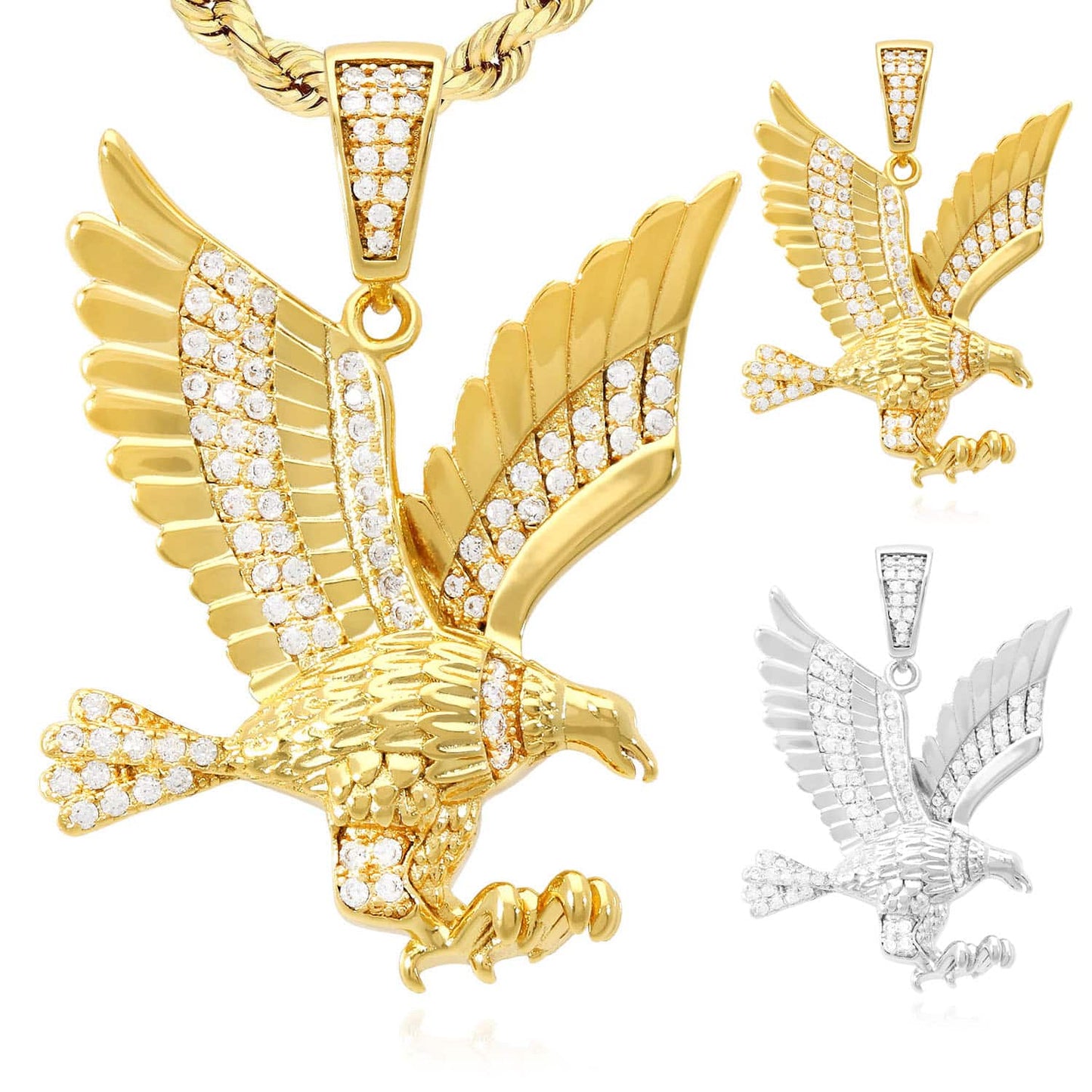 14k Yellow White Gold Over Silver White Zirconia Open Wings Eagle Pendant 1.57"