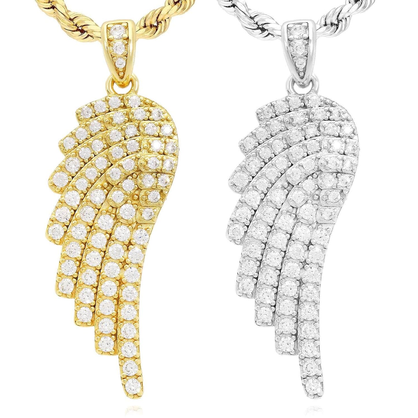 14k Gold Over 925 Silver White Zirconia Pave Angel Wing Pendant 1.77"