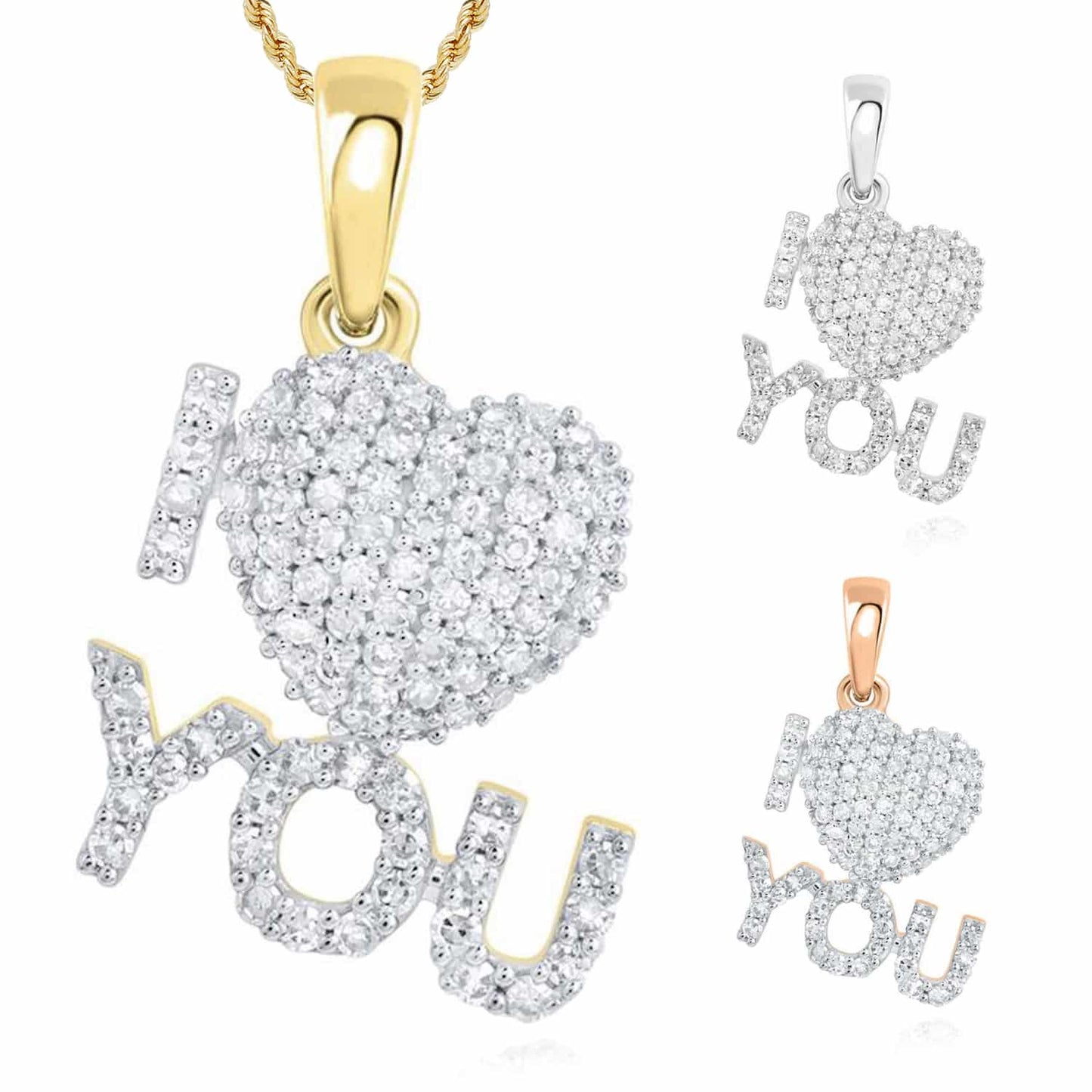Natural Diamond Pave 10K Gold Yellow White Rose I ❤️ YOU Love Heart Pendant 0.6"