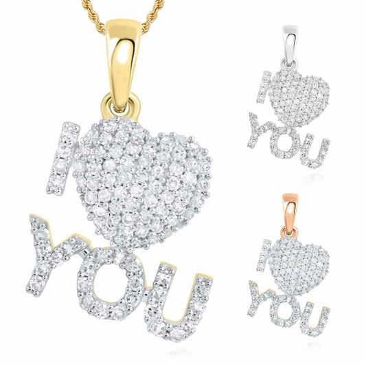 Natural Diamond Pave 10K Gold Yellow White Rose I ❤️ YOU Love Heart Pendant 0.6"