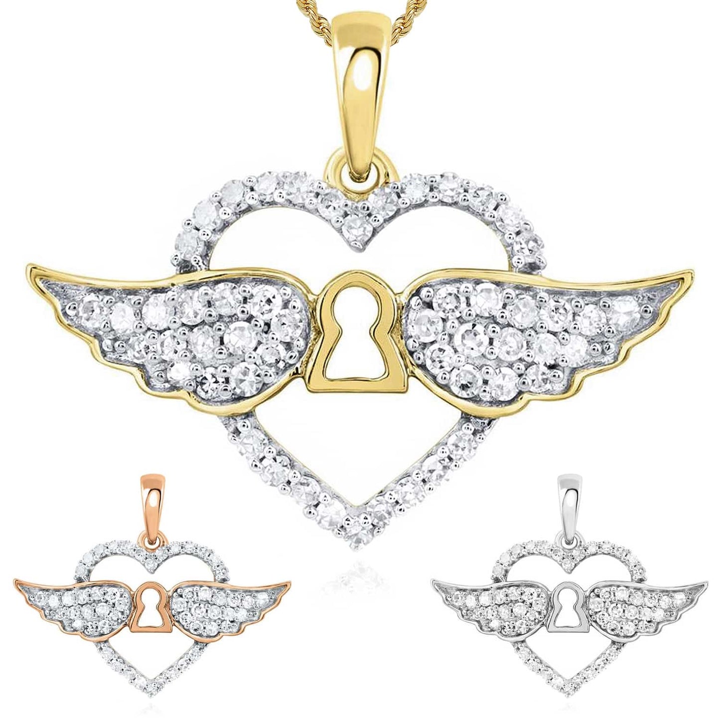 Real Diamond 10K Gold Yellow White Rose Open Heart Keyhole Wings Pendant 0.6"