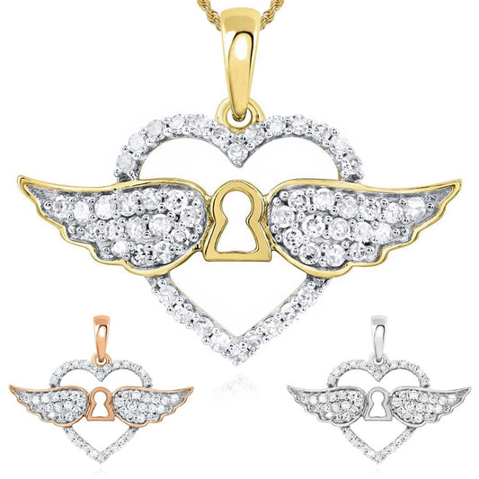 Natural Diamond 10K Gold Yellow White Rose Open Heart Keyhole Wings Pendant 0.6"