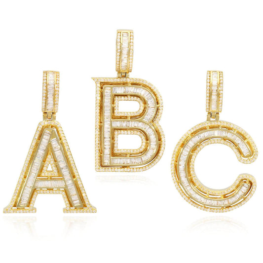 1.1CTW Natural Diamond Baguette 14K Yellow Gold Initial Letter Pendant 1.5"