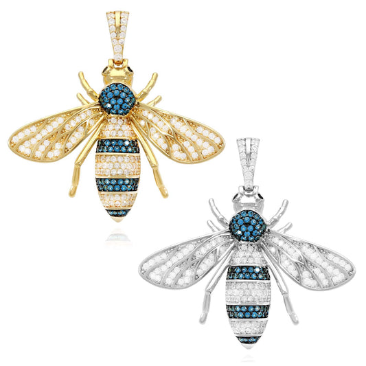 14K Yellow White Gold Over Silver Zirconia Blue Topaz Honey Bee 3D Pendant 1.6"