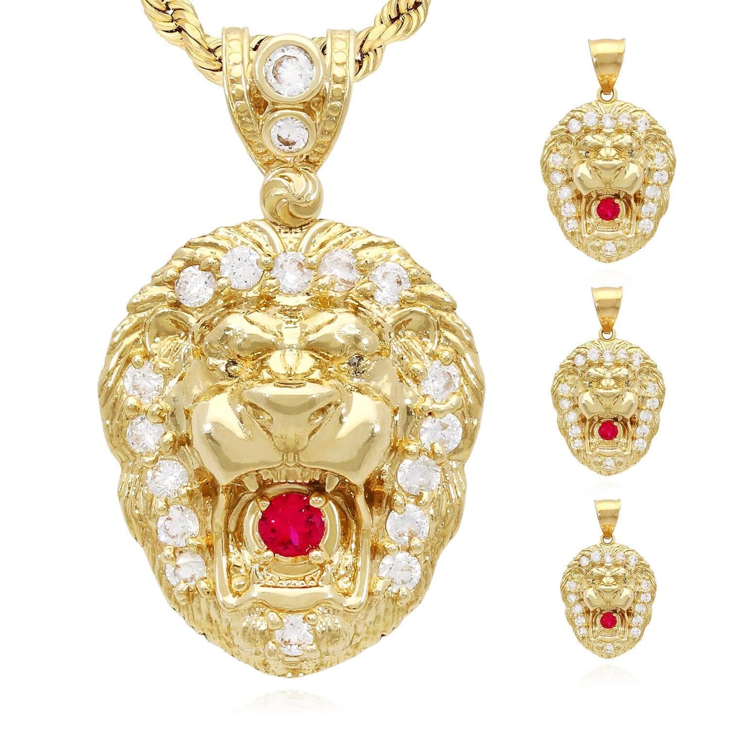 10K Real Gold CZ Ruby Lion Face Charm Pendant 0.79" - 1.38"