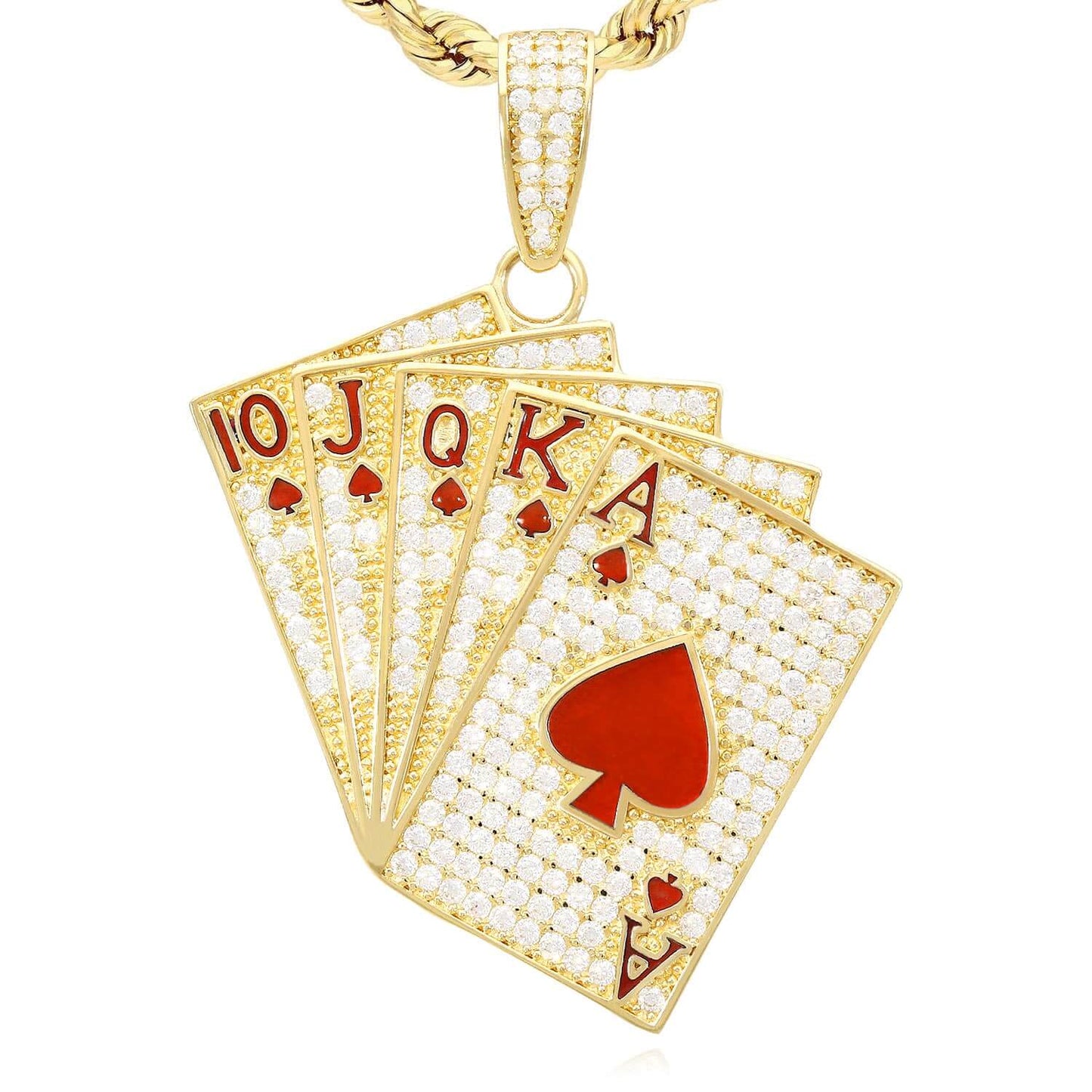 14K Yellow Gold CZ Blue Green Red Pave Playing Cards Pendant 1.9"