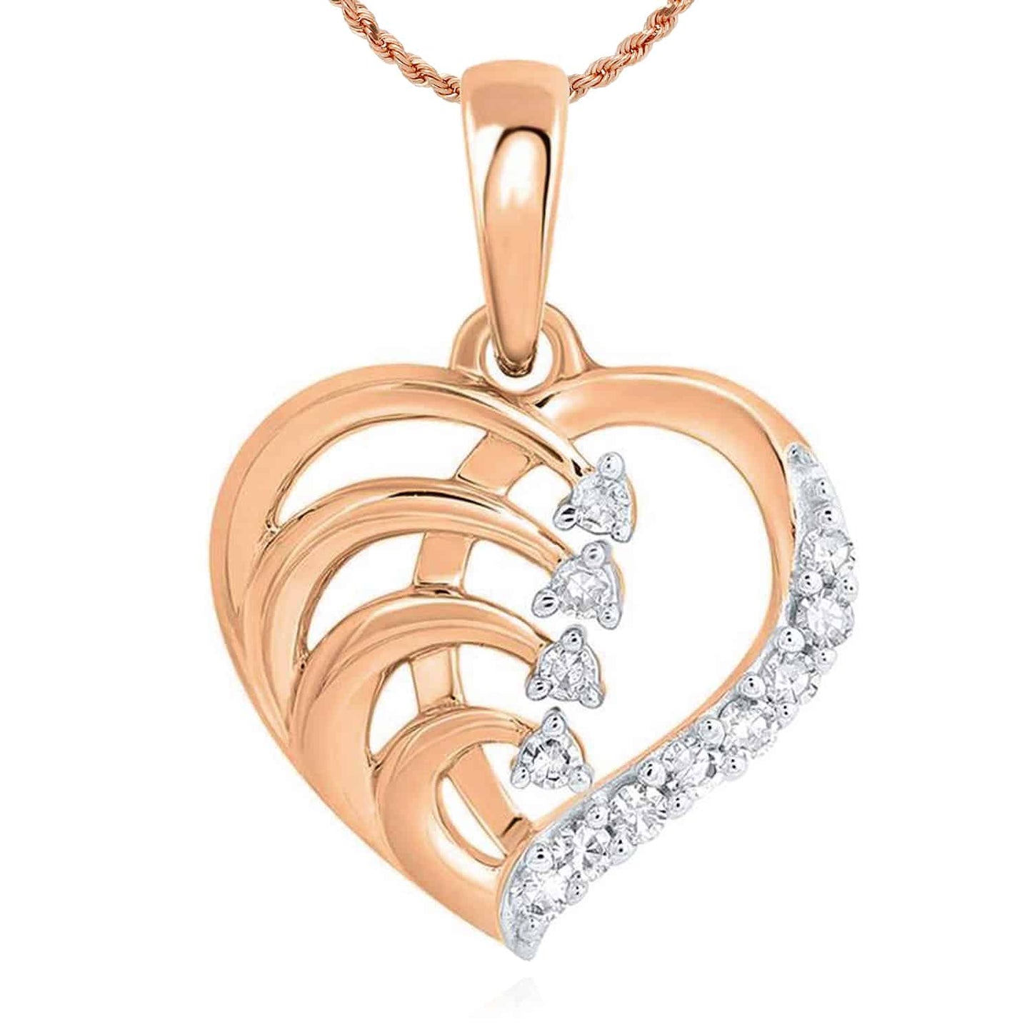 Real Diamond 10K Gold Yellow Rose White Heart Pendant 0.5"
