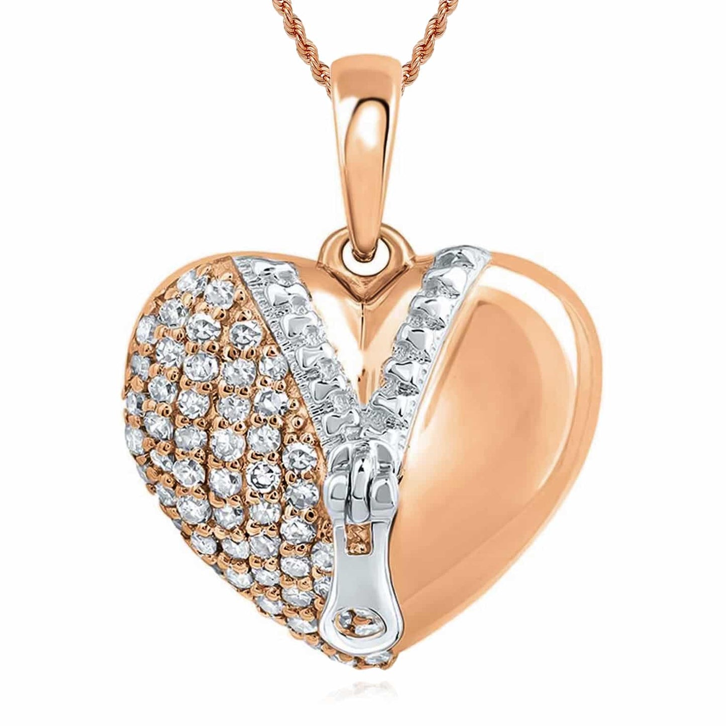 Natural Diamond 10K Gold Yellow Rose Puffed Zipper Heart Pendant 0.6"