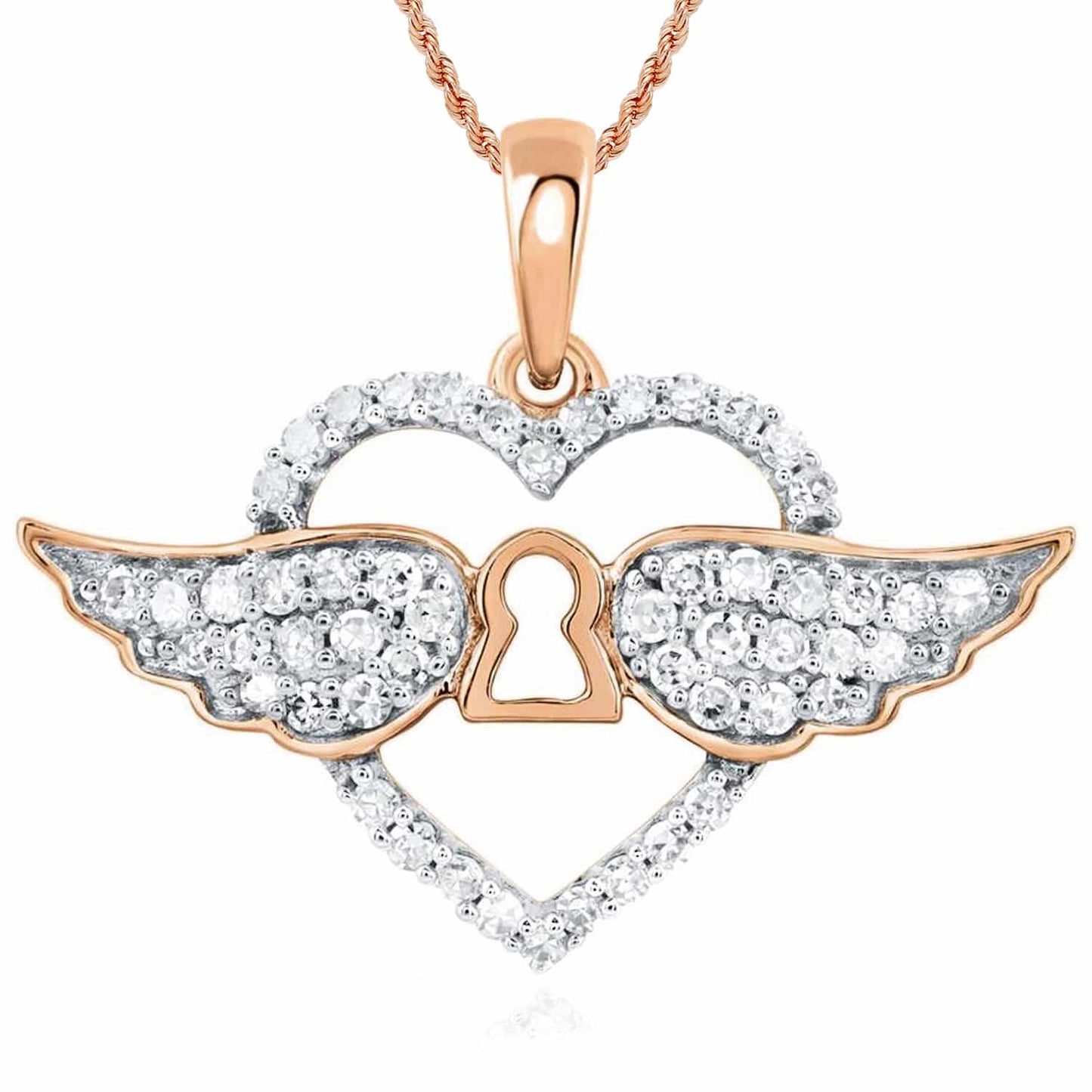 Real Diamond 10K Gold Yellow White Rose Open Heart Keyhole Wings Pendant 0.6"