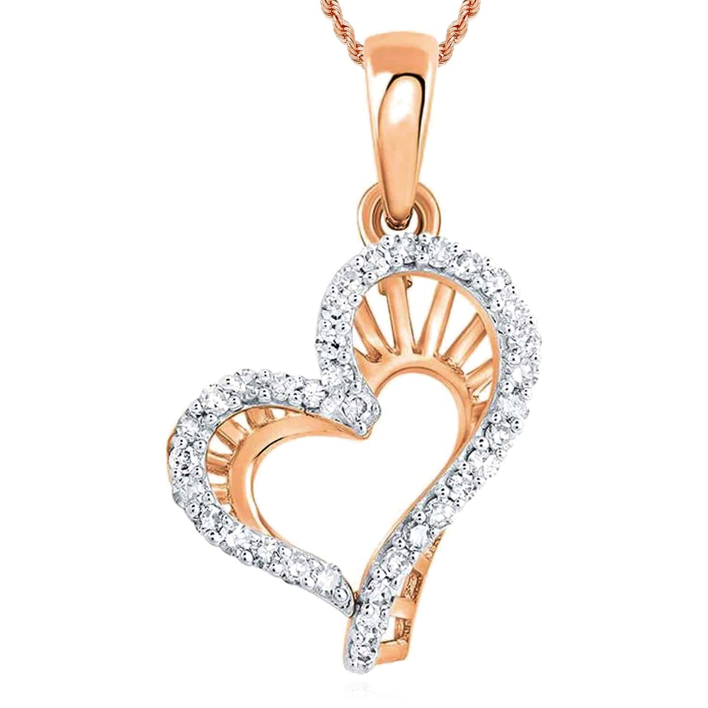 Natural Diamond 10K Gold Yellow White Rose Open Heart Pendant 1.1"