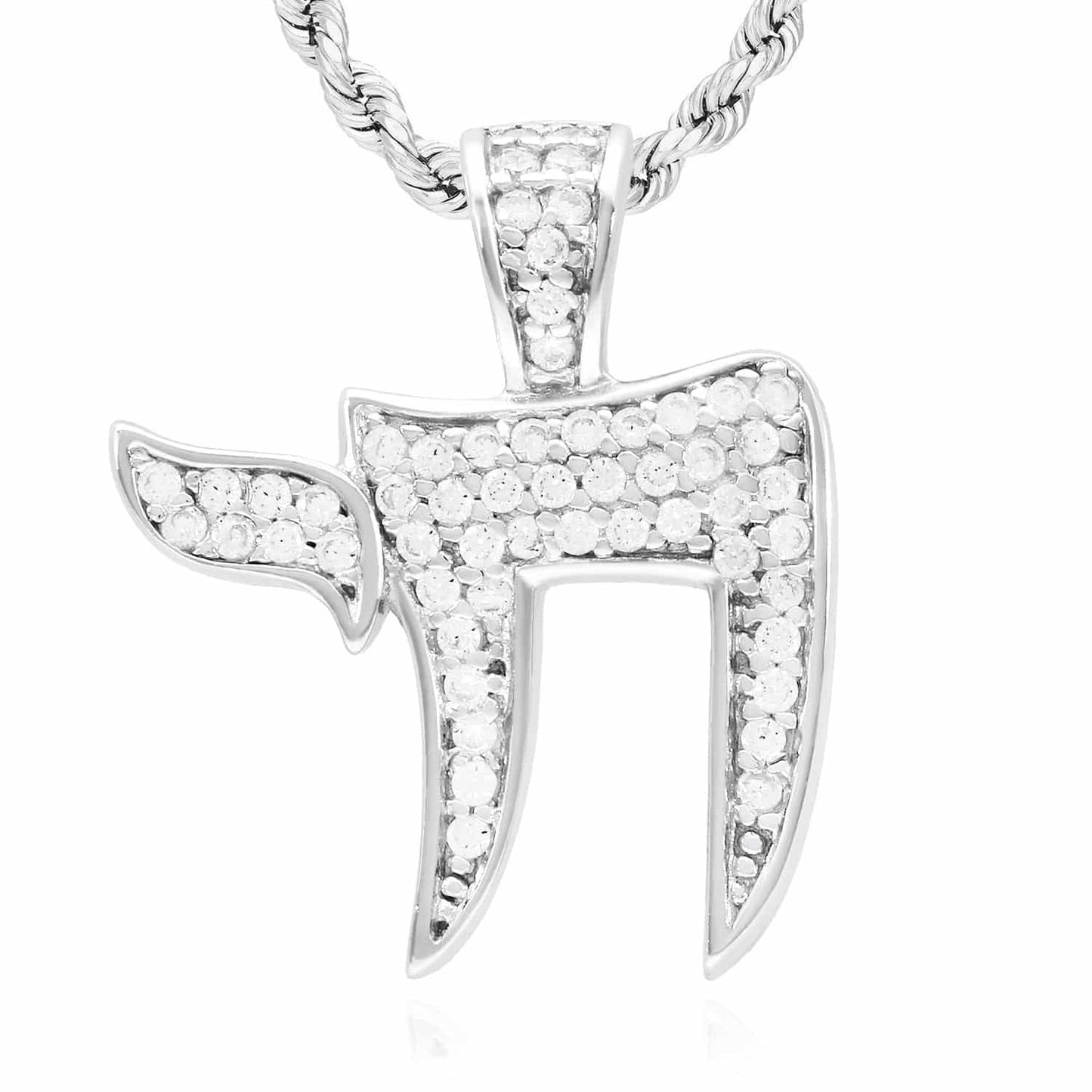 14k White Gold Over Silver CZ Pave Chai Pendant 0.80" & 1.20"
