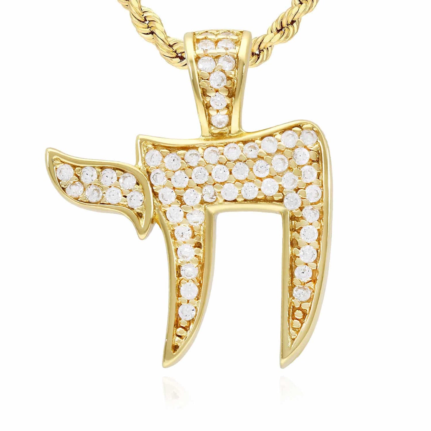 14k Yellow Gold Over Silver CZ Pave Chai Pendant 0.79", 1.18"