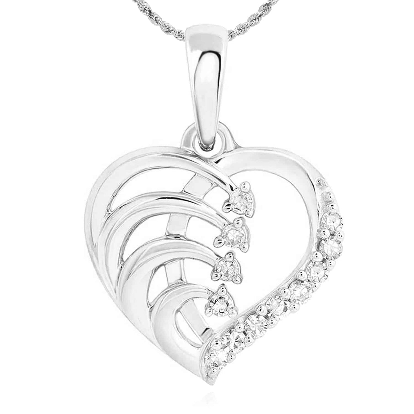 Real Diamond 10K Gold Yellow Rose White Heart Pendant 0.5"