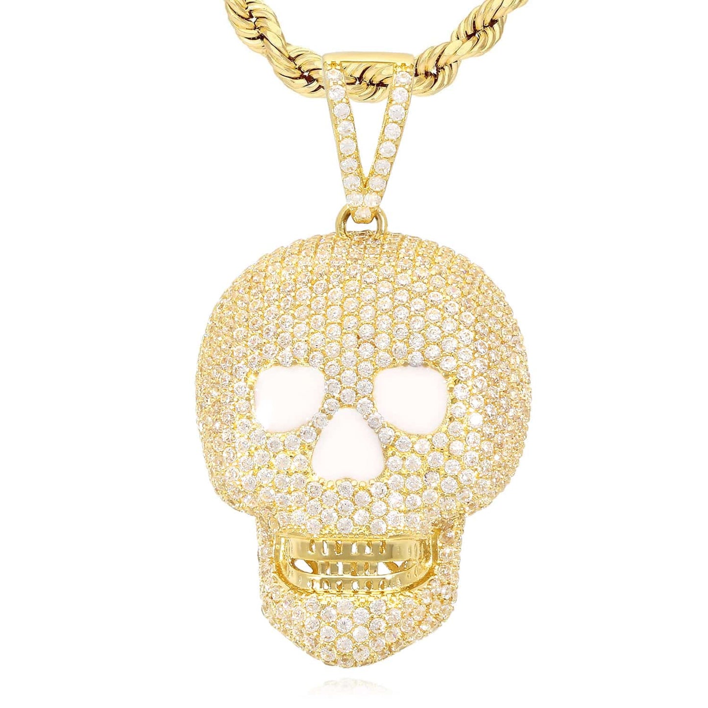 14K Yellow Gold CZ Pave Iced Out Classic Skull Charm Pendant 1.6"