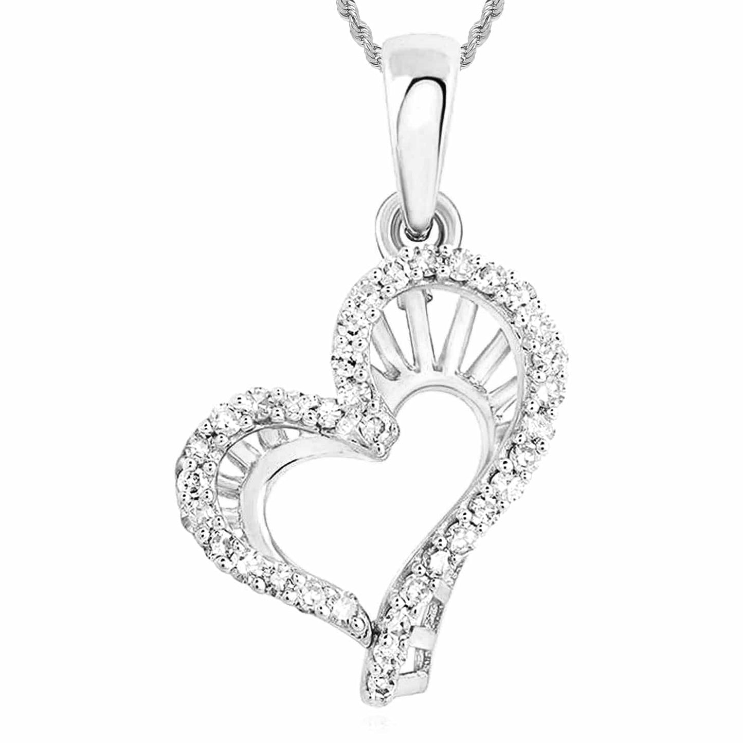 Natural Diamond 10K Gold Yellow White Rose Open Heart Pendant 1.1"