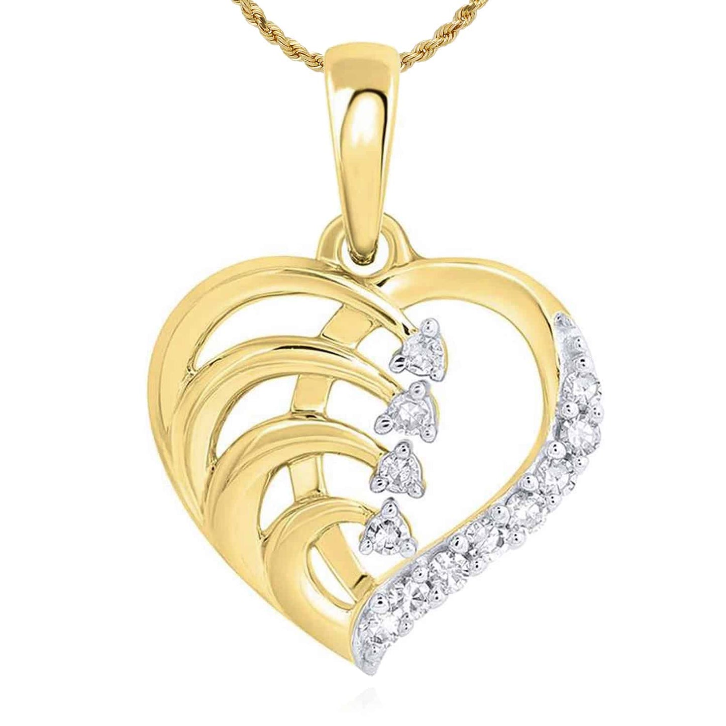 Real Diamond 10K Gold Yellow Rose White Heart Pendant 0.5"