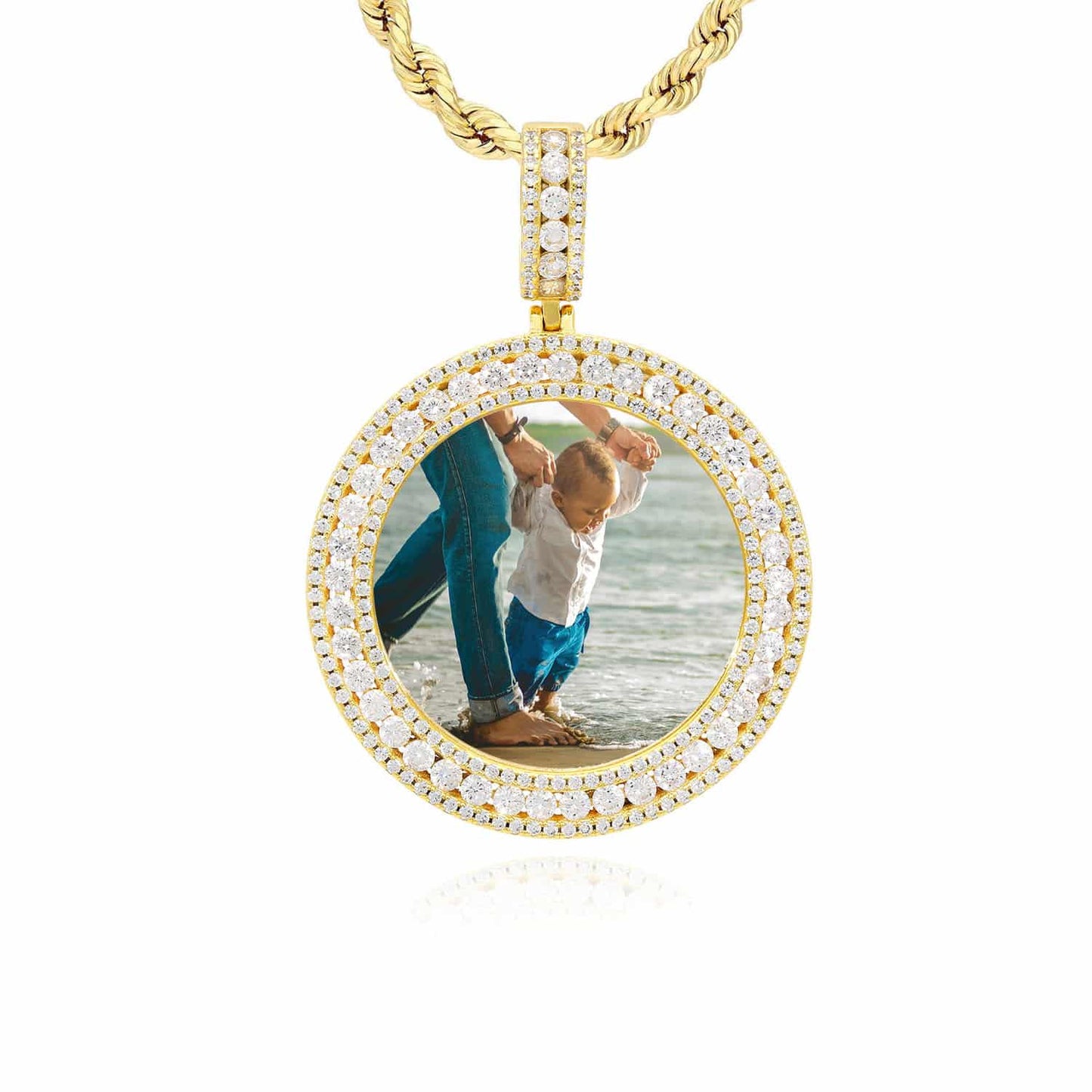 18K Gold Over Silver CZ Frame Round Picture Memory Medallion 2.1"