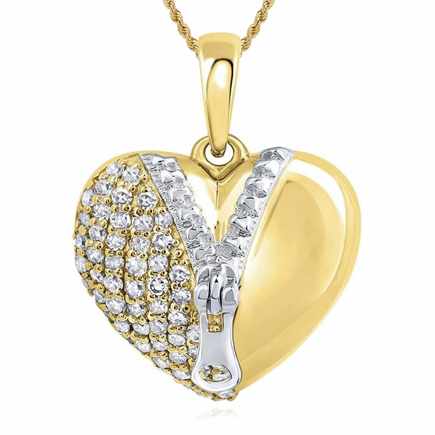 Natural Diamond 10K Gold Yellow Rose Puffed Zipper Heart Pendant 0.6"