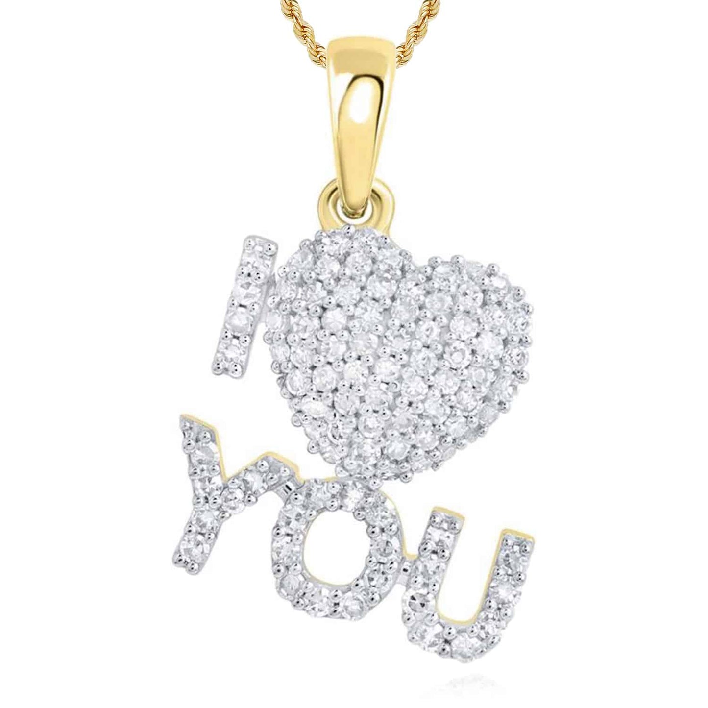 Natural Diamond Pave 10K Gold Yellow White Rose I ❤️ YOU Love Heart Pendant 0.6"
