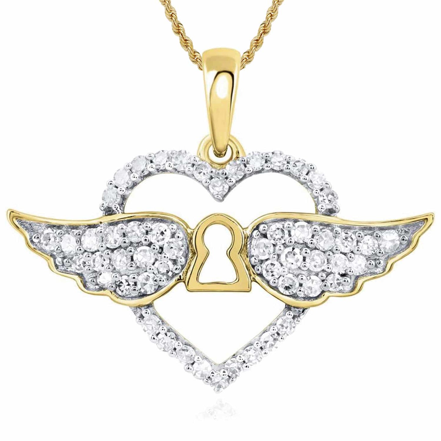 Real Diamond 10K Gold Yellow White Rose Open Heart Keyhole Wings Pendant 0.6"
