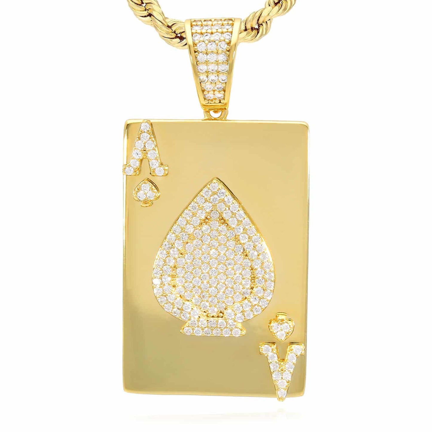 Gold Over Sterling Silver CZ Ace Of Spade Poker Card Pendant 1.7"