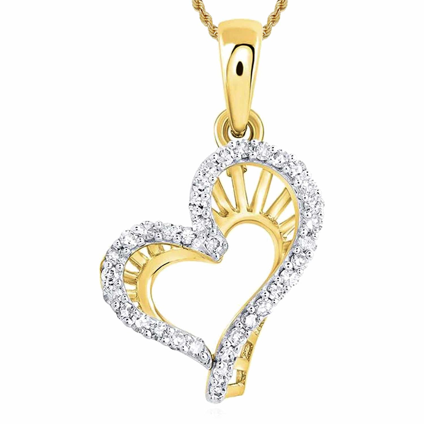 Natural Diamond 10K Gold Yellow White Rose Open Heart Pendant 1.1"