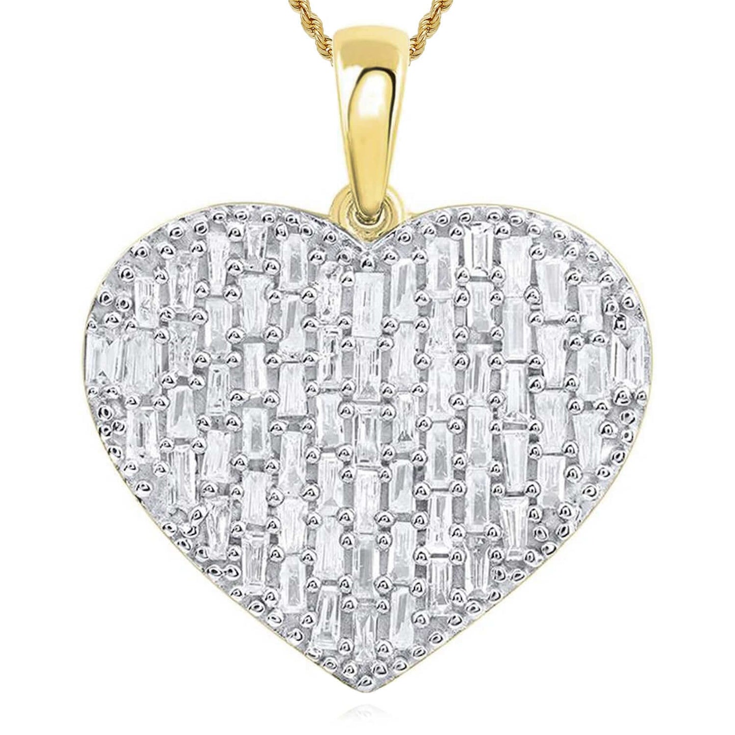 Real Diamond 10K Gold Yellow White Baguette Heart Pendant 0.95"
