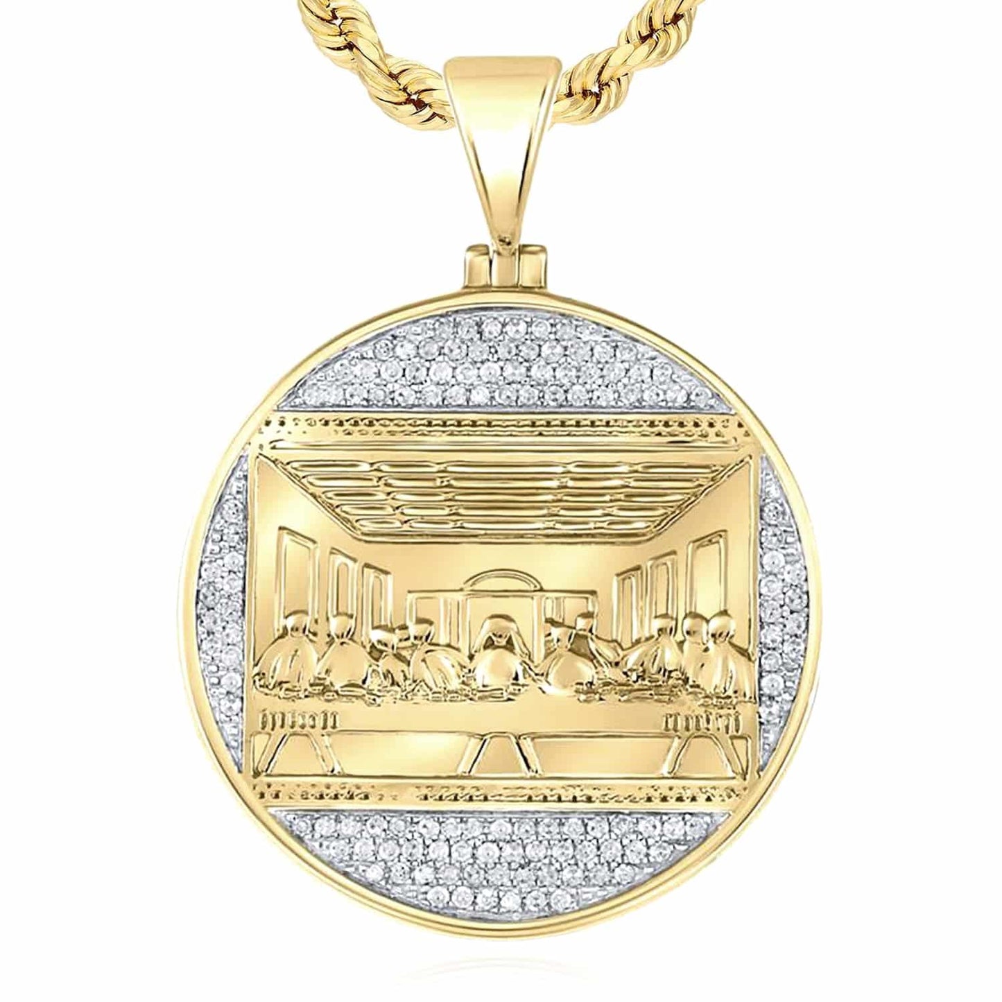 0.50CTW Real Diamond 10K Gold Round Religious Last Supper Pendant 1.6"