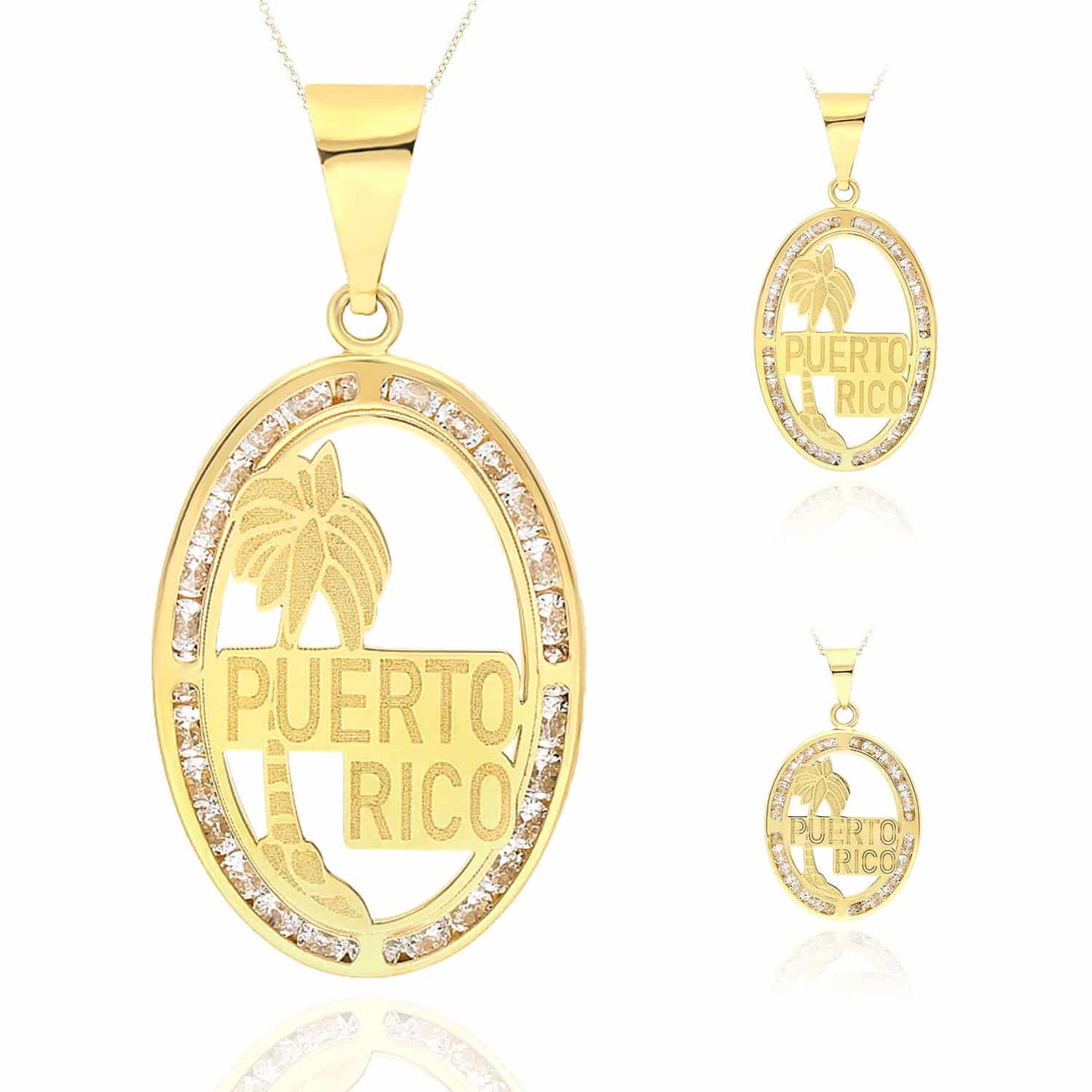 10K Real Gold CZ Puerto Rico Palm Tree Oval Shape Disc Pendant