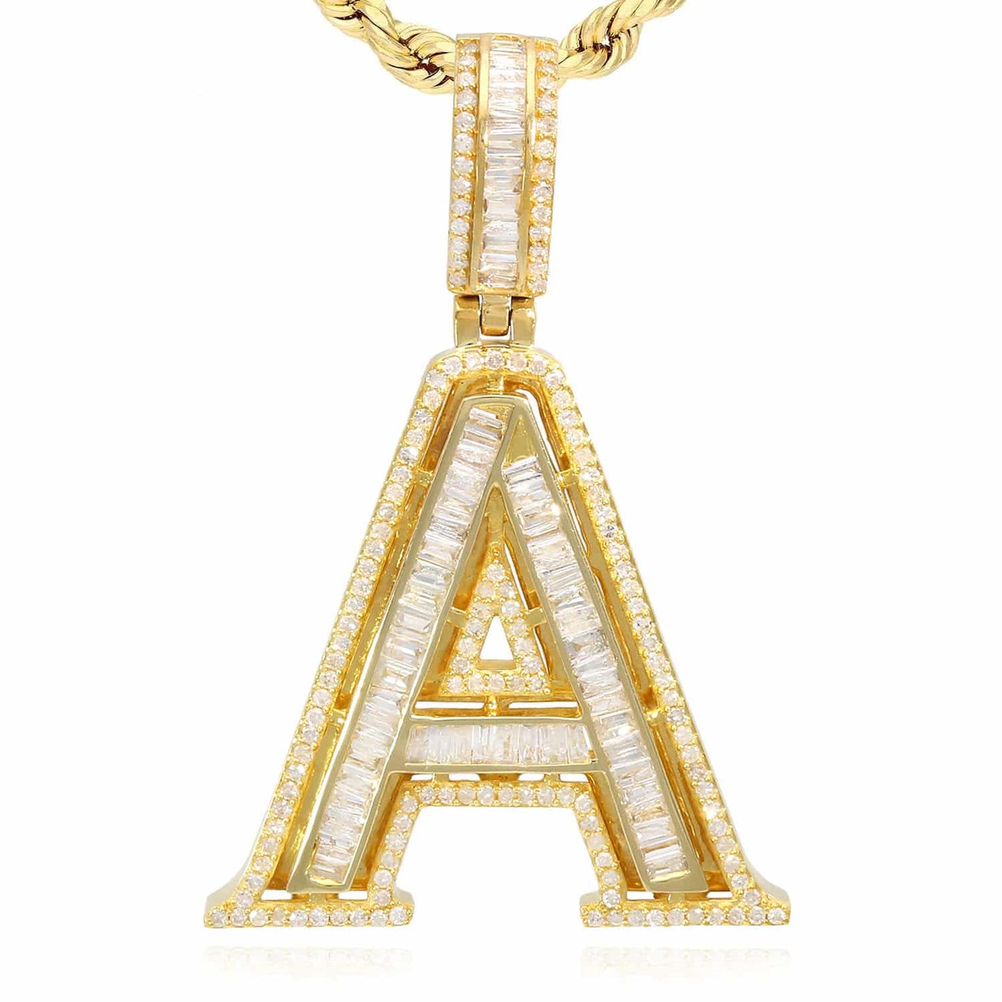 1.1CTW Natural Diamond Baguette 14K Yellow Gold Initial Letter Pendant 1.5"
