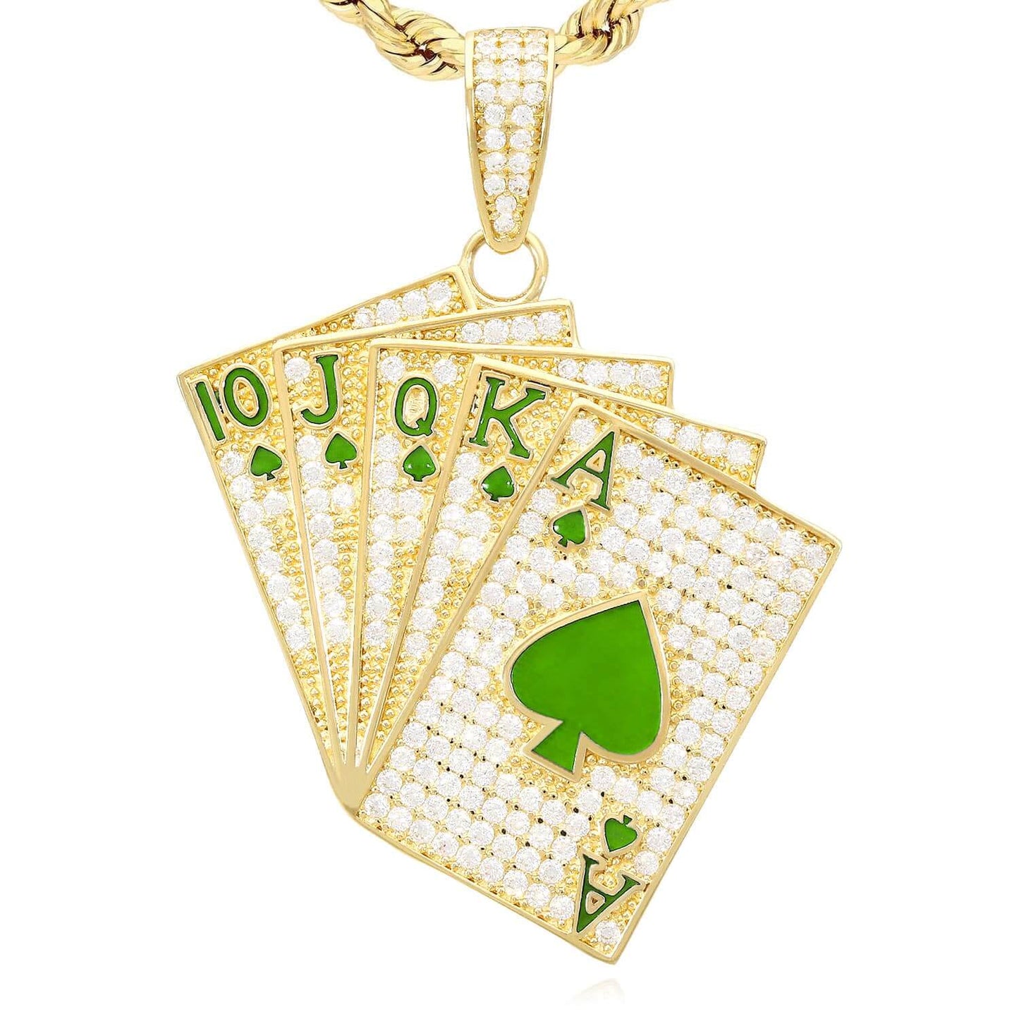 14K Yellow Gold CZ Blue Green Red Pave Playing Cards Pendant 1.9"