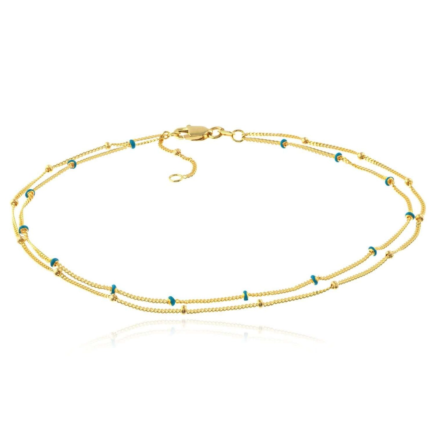 14K Real Gold Miami Cuban Blue Enamel Saturn Ankle Bracelet 9"-10" Adjustable