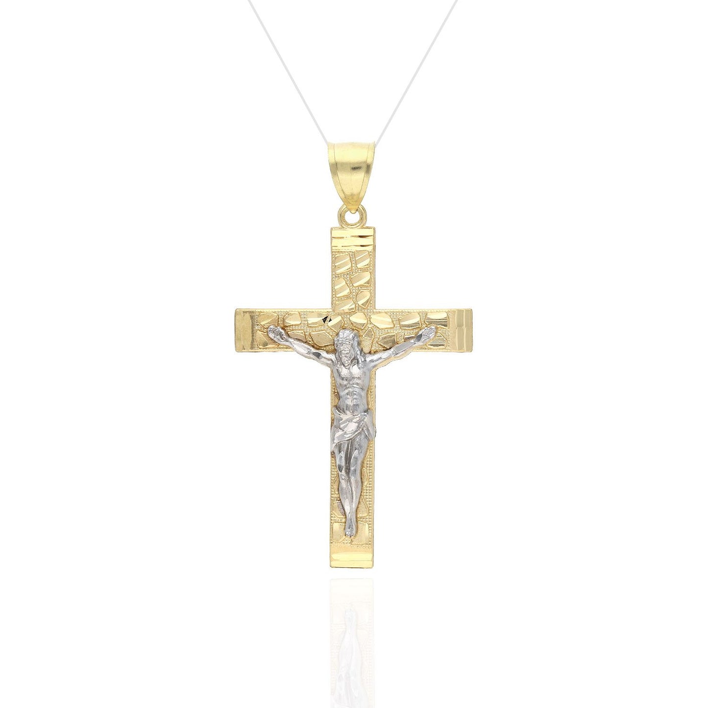 10K Yellow White Two Tone Gold Religious Jesus Crucifix Nugget Cross Pendant
