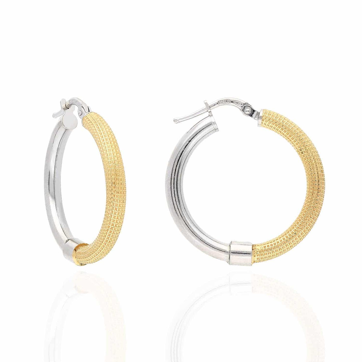 Yellow White Gold Over Silver 3mm Half Mesh Half Shiny Hoop Earrings