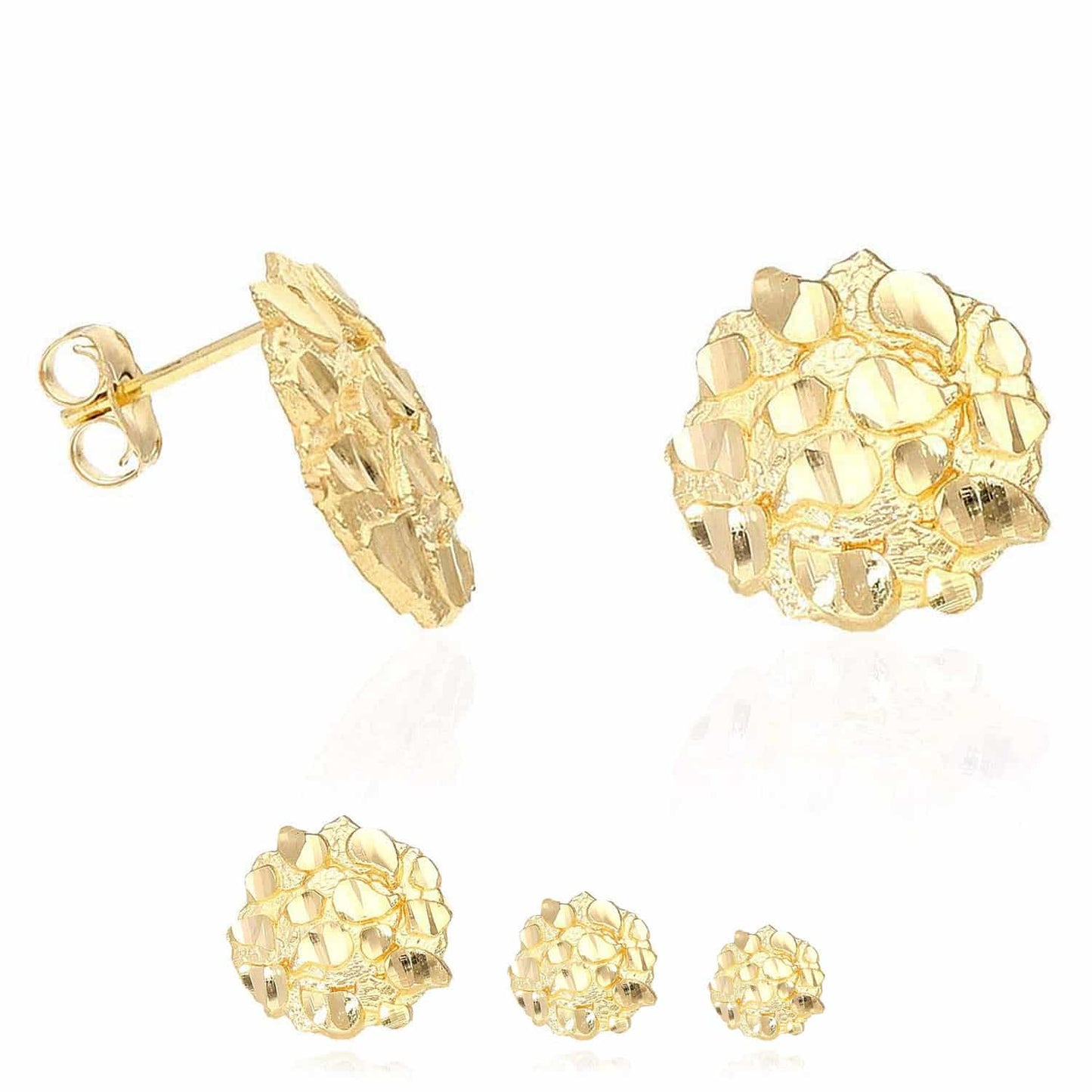 10K Real Gold Round Nugget Pushback Stud Earrings 8mm, 10mm, 15mm